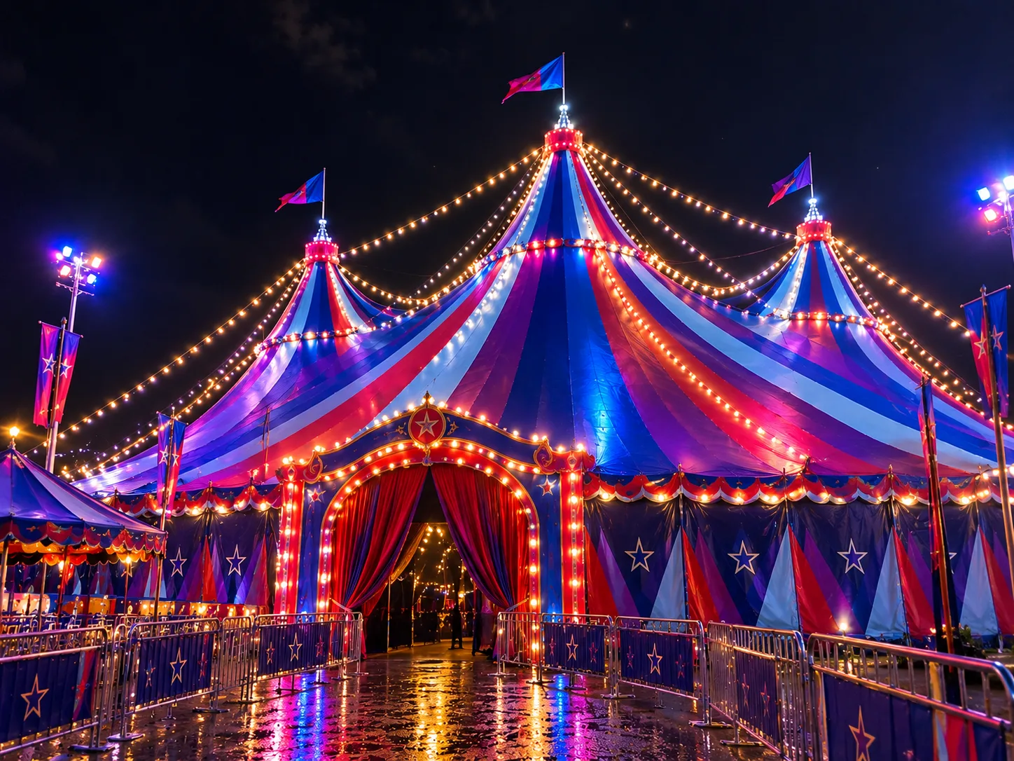 Carpa de circo de Karzon Producciones iluminada de noche